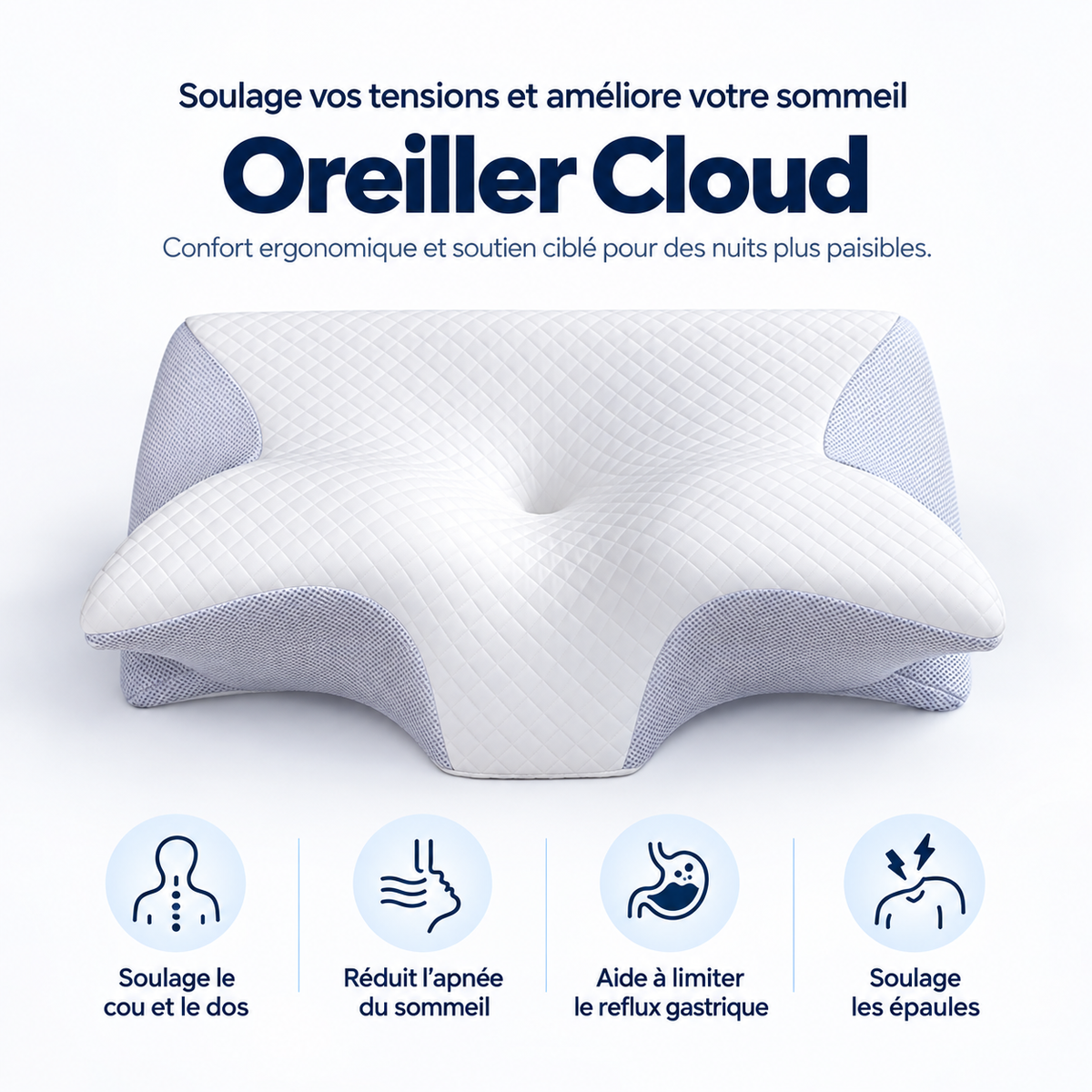 🌙 Oreiller Cloud | Soutien Ergonomique & Confort Nuit Après Nuit