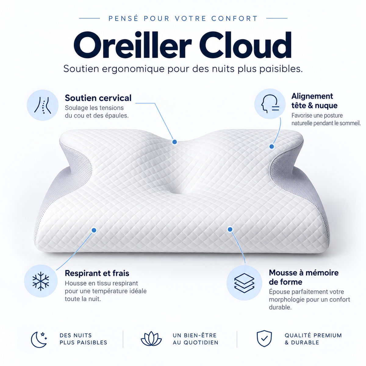 🌙 Oreiller Cloud | Soutien Ergonomique & Confort Nuit Après Nuit