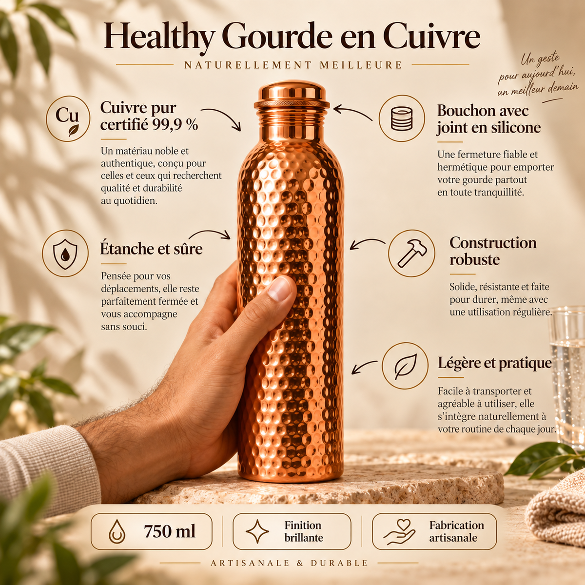 ✨ Healthy Gourde en Cuivre | Cuivre Pur 99,9 % & Sans Plastique