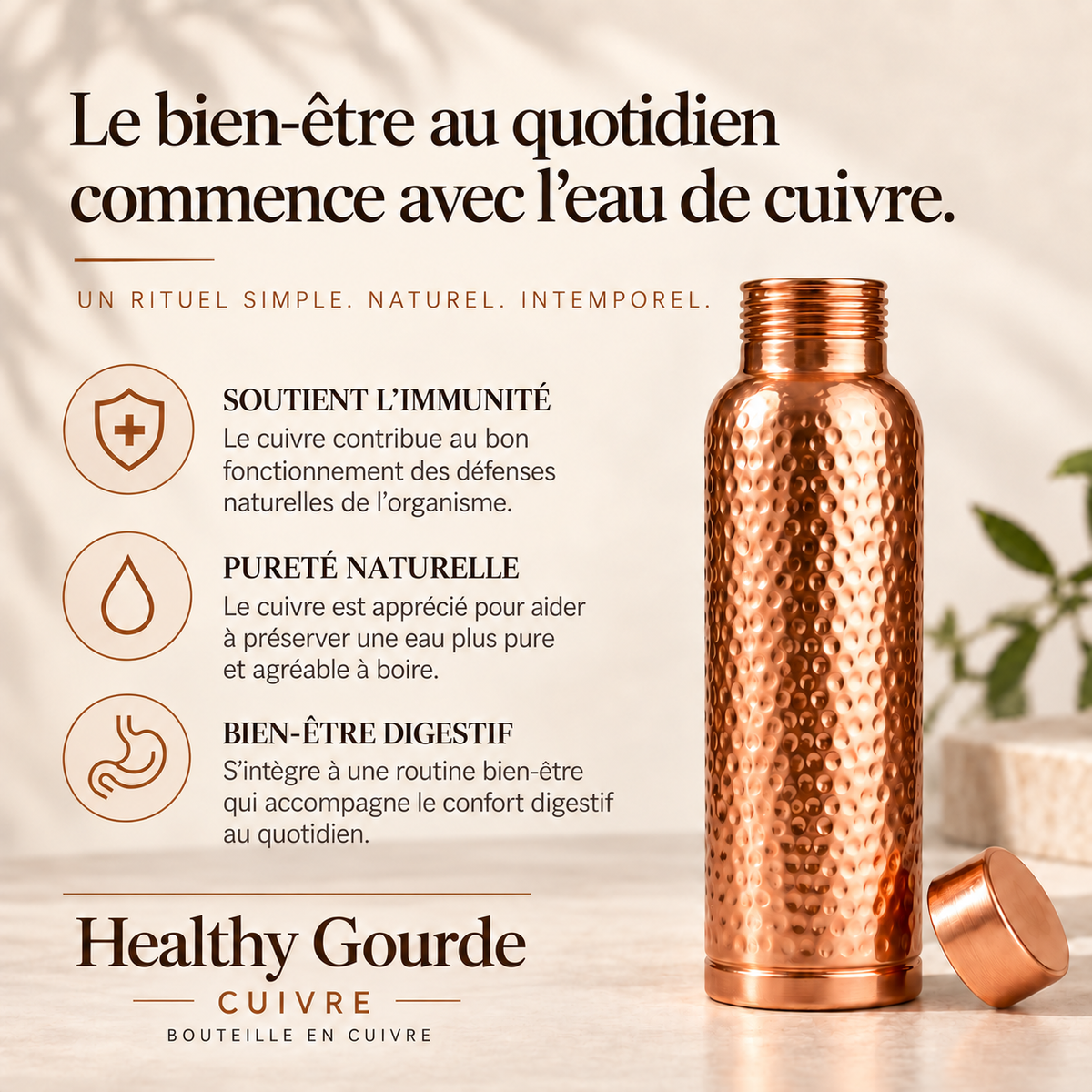 ✨ Healthy Gourde en Cuivre | Cuivre Pur 99,9 % & Sans Plastique