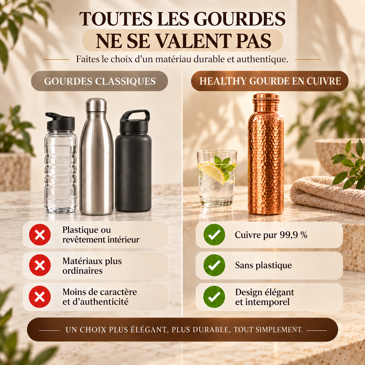 ✨ Healthy Gourde en Cuivre | Cuivre Pur 99,9 % & Sans Plastique