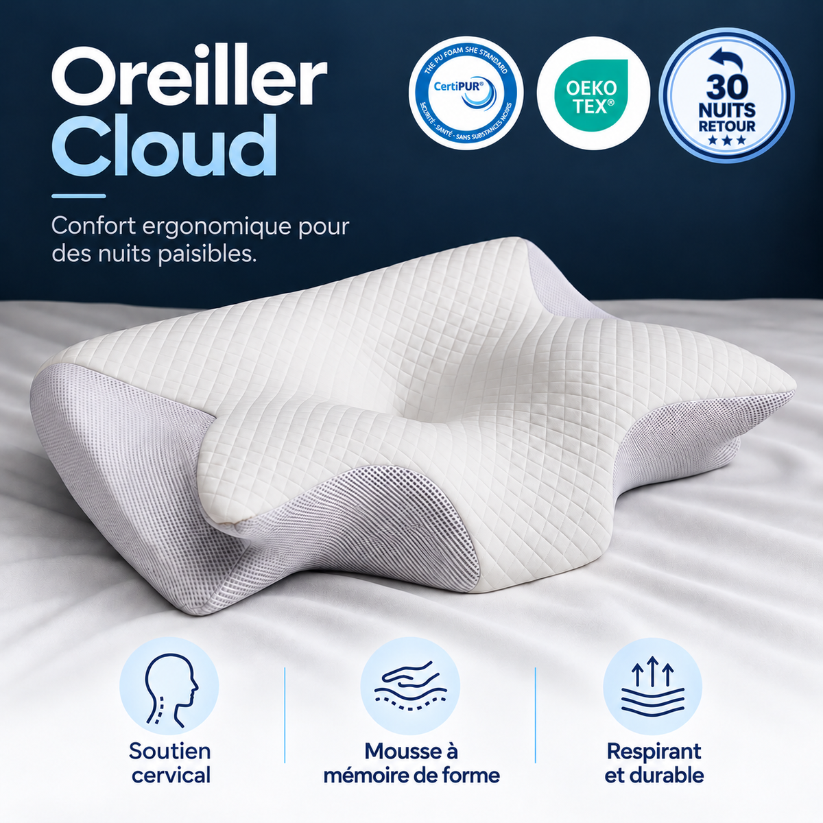 🌙 Oreiller Cloud | Soutien Ergonomique & Confort Nuit Après Nuit